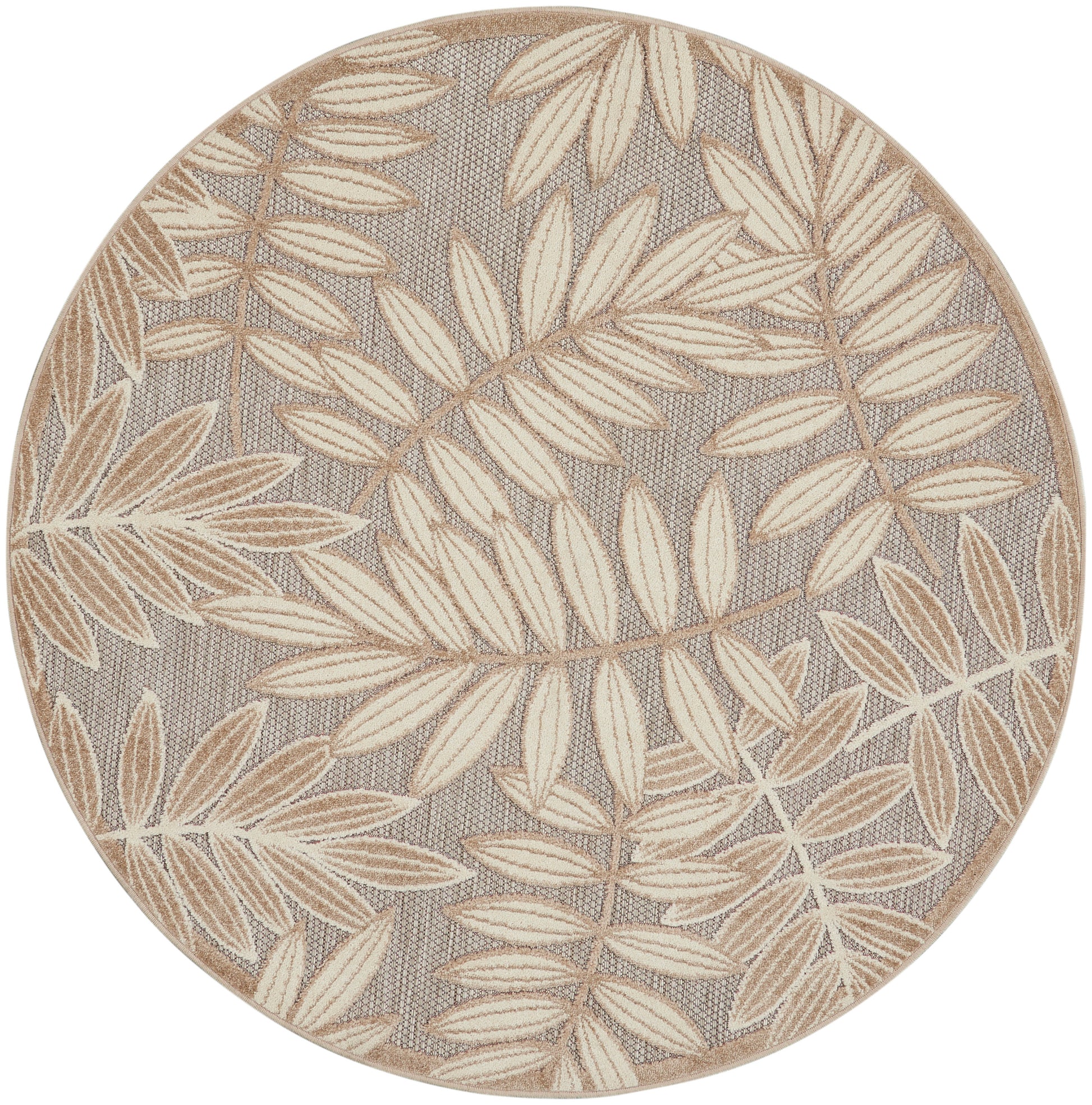 Round rug with taupe background and cream leaf pattern, textured linen-like surface.