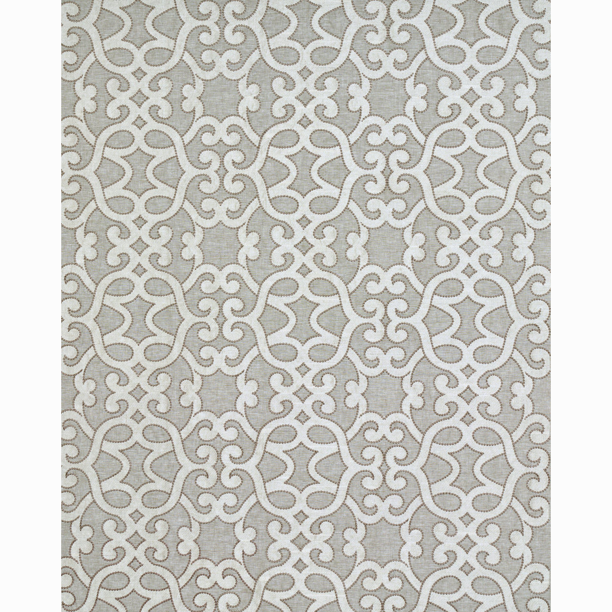 Oyster linen-embroidered woven rug with a white ornate scrolling trellis pattern.