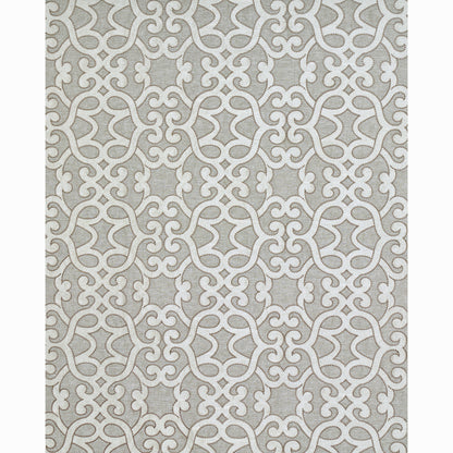 Oyster linen-embroidered woven rug with a white ornate scrolling trellis pattern.