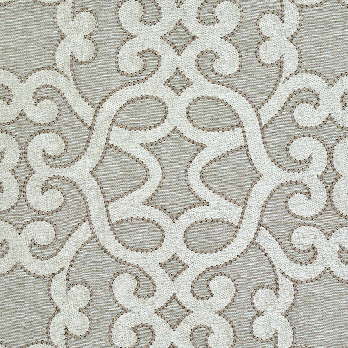 Oyster linen embroidery patterned woven fabric with damask scrollwork and dotted borders.