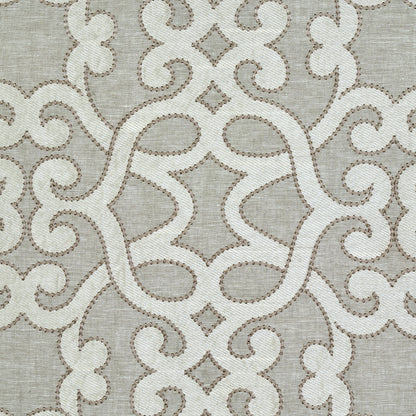 Oyster linen embroidery patterned woven fabric with damask scrollwork and dotted borders.