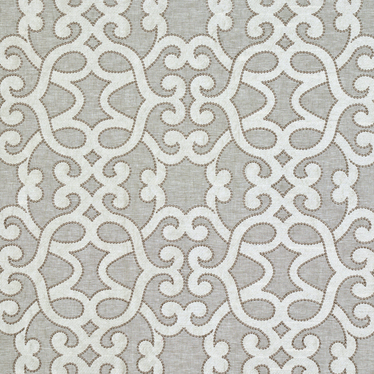 Oyster linen embroidery woven fabric with a cream damask scroll pattern; delicate embroidered upholstery texture.