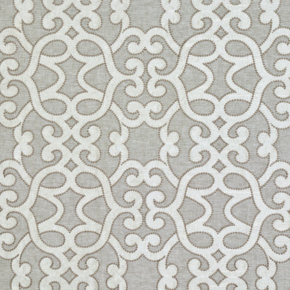 Oyster linen embroidery woven fabric with a cream damask scroll pattern; delicate embroidered upholstery texture.