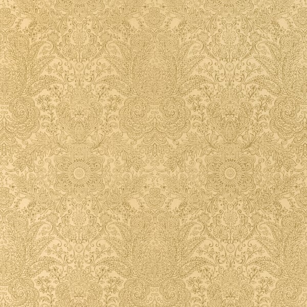 Beige damask wallpaper with ornate gold-toned floral scrolls and circular motifs.