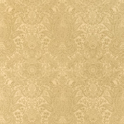 Beige damask wallpaper with ornate gold-toned floral scrolls and circular motifs.