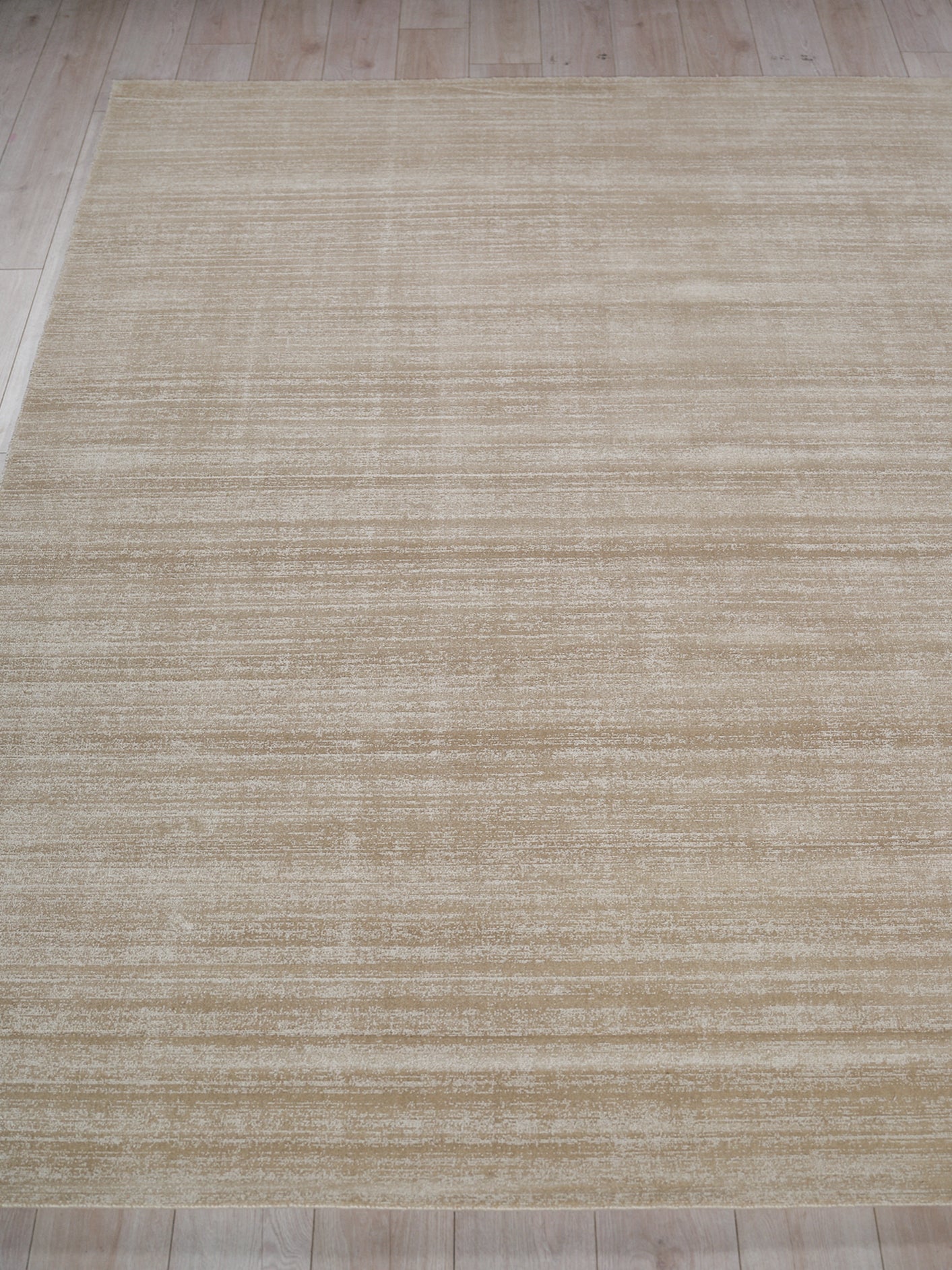 Beige rectangular area rug with subtle brushed texture, modern neutral style on light wood floor.