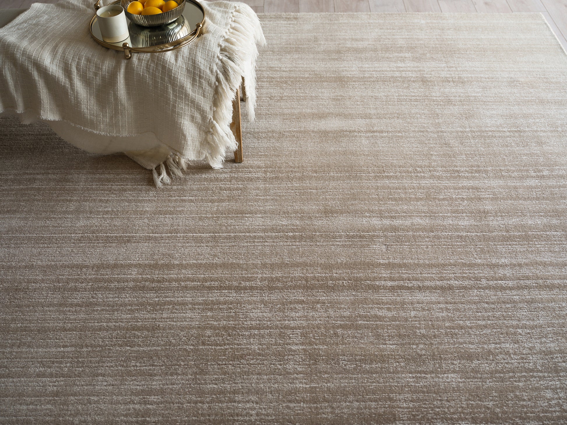 Beige woven area rug with subtle horizontal stripes; soft, textured pile for a cozy modern living room.