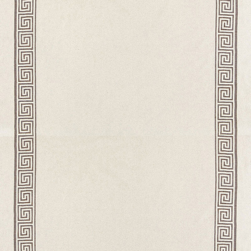 Beige rectangular rug with dark brown Greek-key border along both long sides.