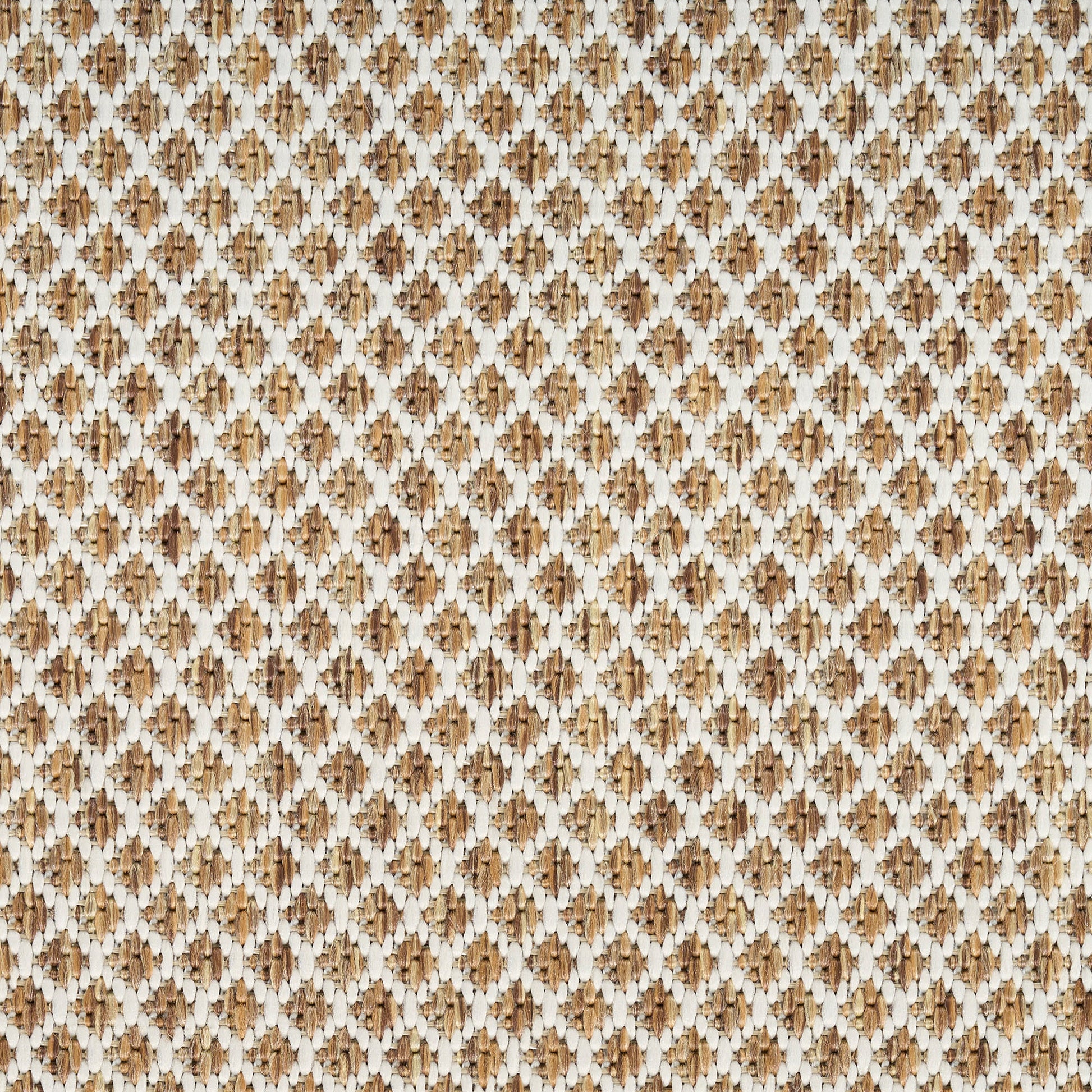 Beige and tan woven fabric with a diamond lattice pattern; textured textile for upholstery or garments.