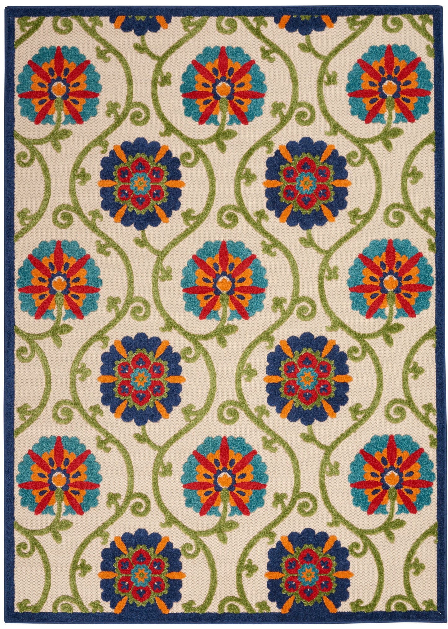 Rectangular area rug with beige background, green vines, turquoise & navy floral medallions with orange accents; blue border.