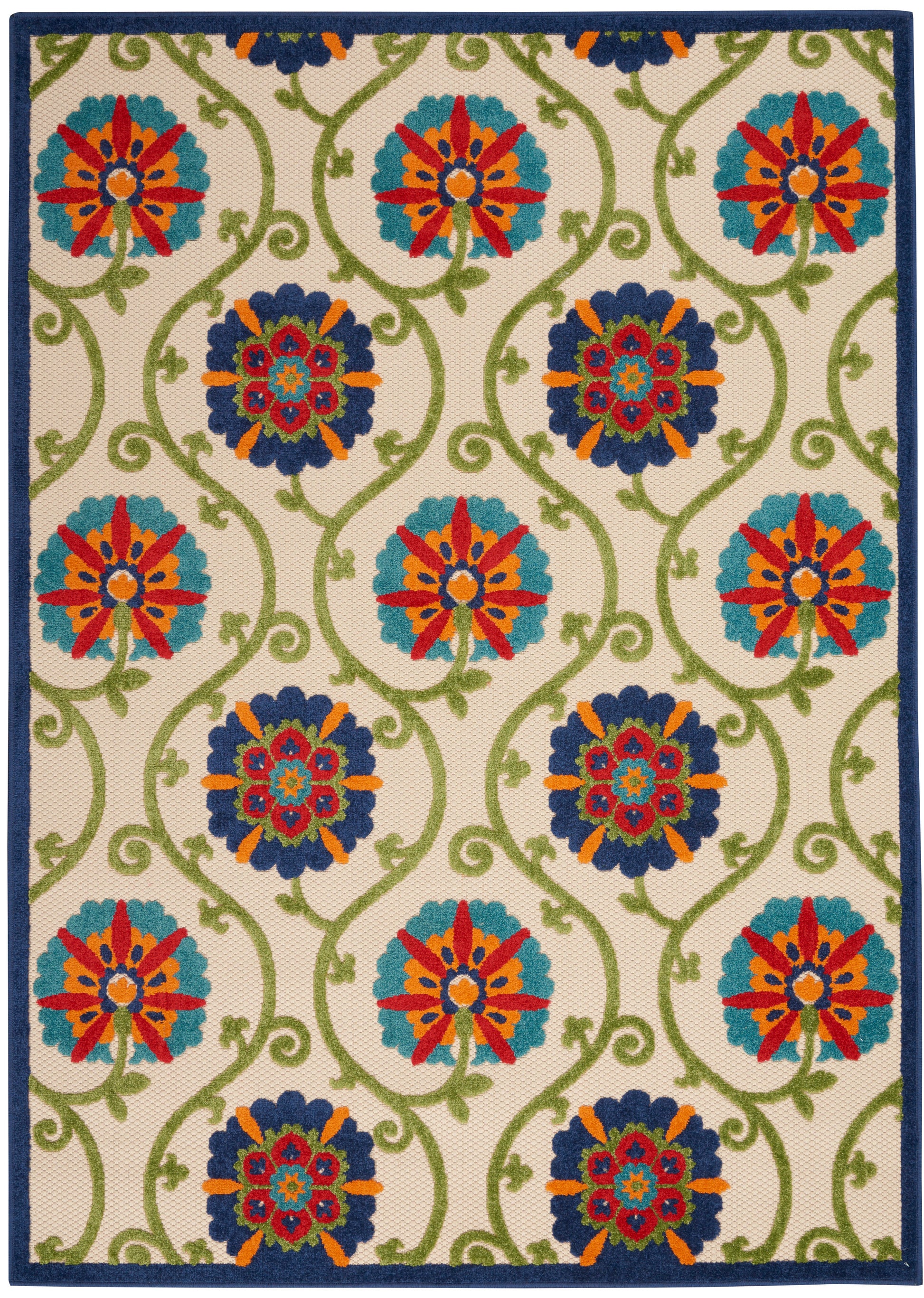 Rectangular area rug with beige background, green vines, turquoise & navy floral medallions with orange accents; blue border.