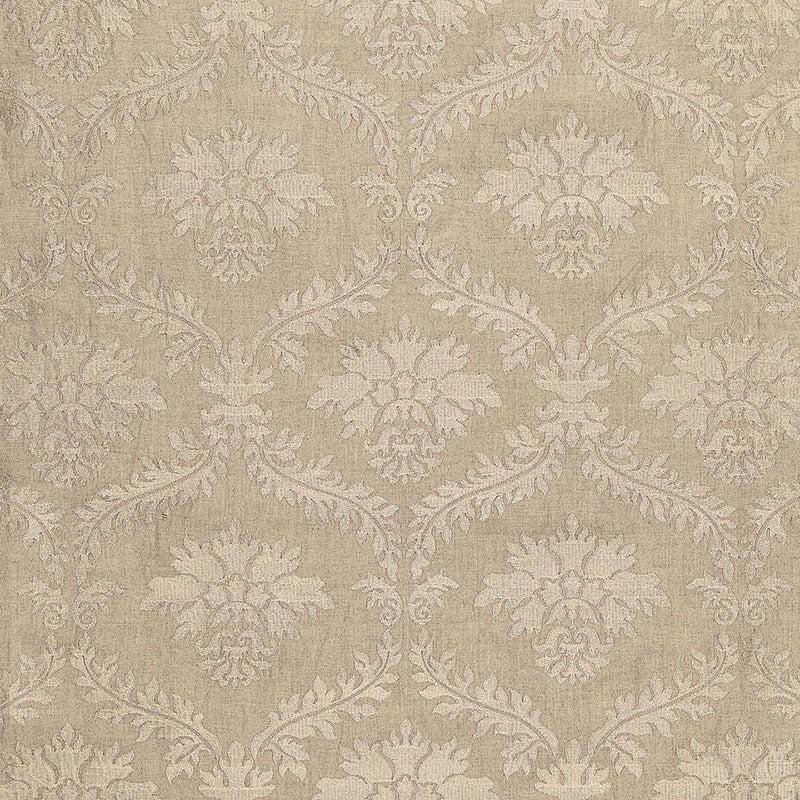 Greige linen embroidery fabric with cream damask floral motifs and scrolling vines.