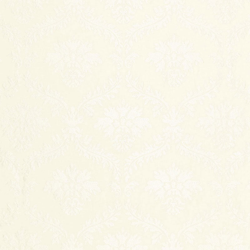 Cream damask wallpaper with subtle ivory floral motifs and soft texture.