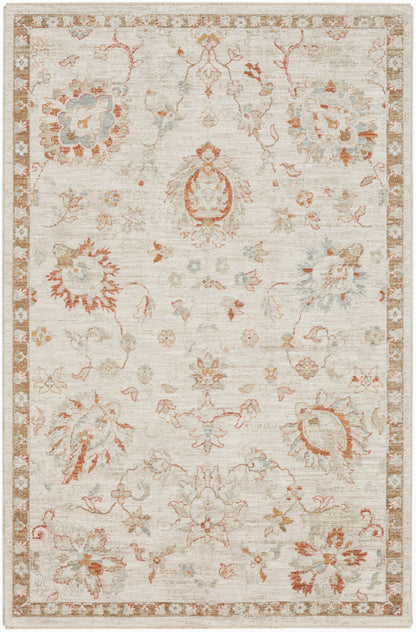 Cream Persian-style rug with pastel blue, rust and ivory florals and a brown border; vintage decorative.