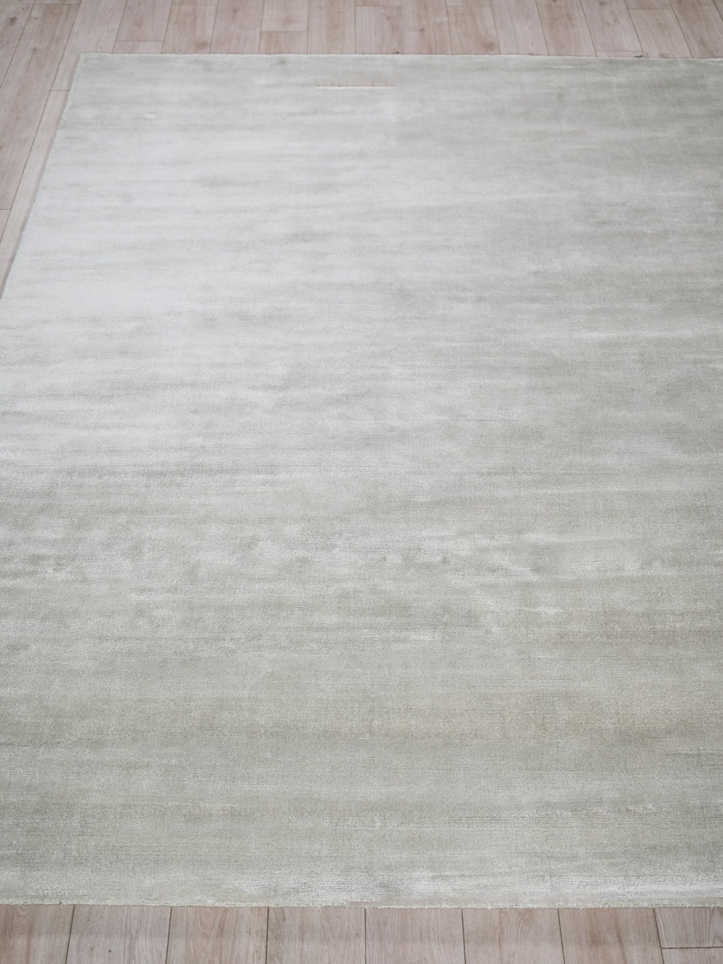 Pale gray-beige area rug with soft, subtle texture on a light wooden floor.