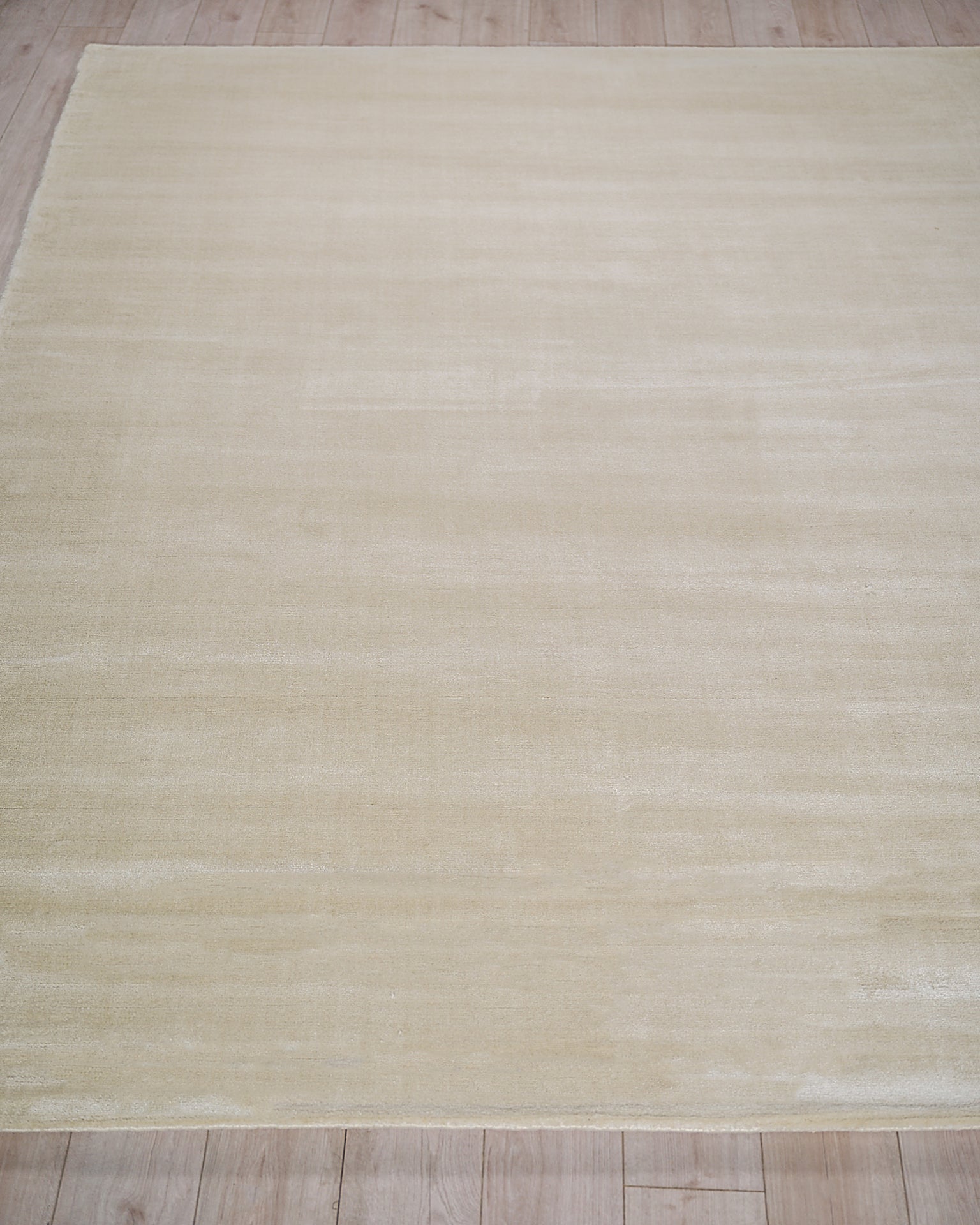 Beige rectangular area rug with a soft plush pile on a light wood floor; minimalist neutral decor.