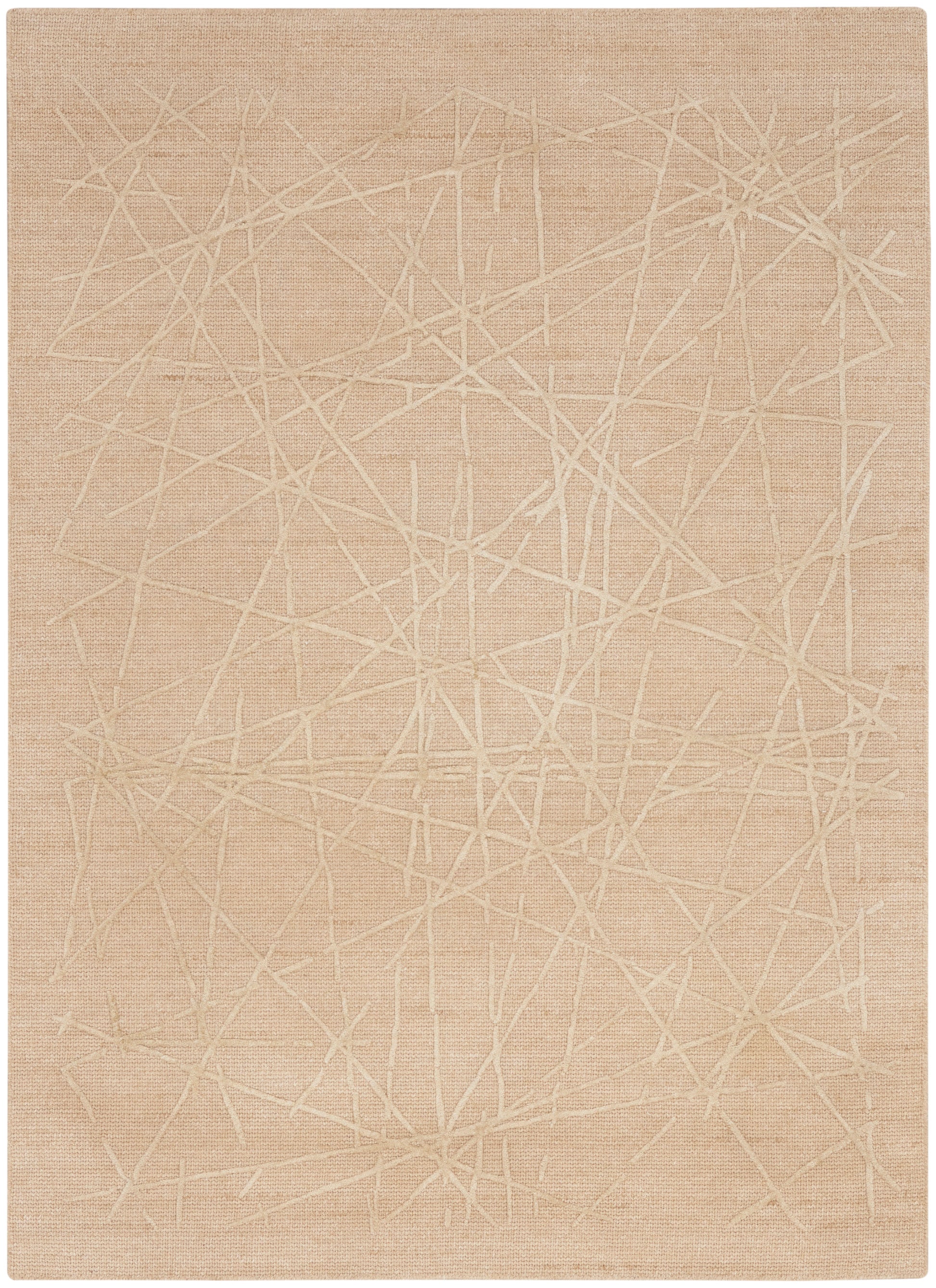 Beige rectangular rug with an abstract white crisscross line pattern; modern woven texture.