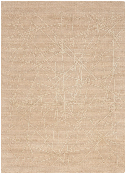 Beige rectangular rug with an abstract white crisscross line pattern; modern woven texture.