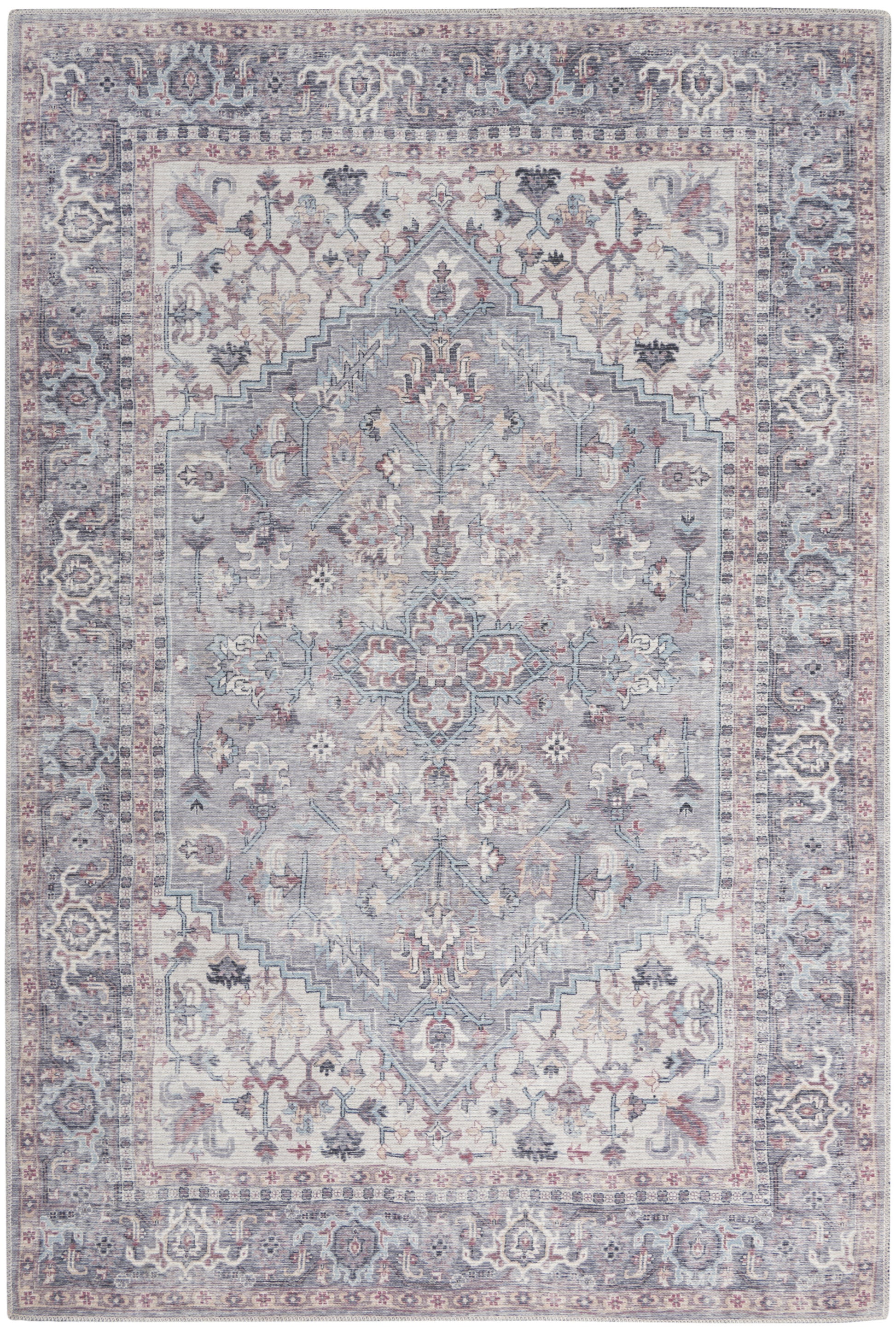 Pastel blue-gray oriental rug with ivory-pink accents, central stepped medallion, floral vines and ornate border.
