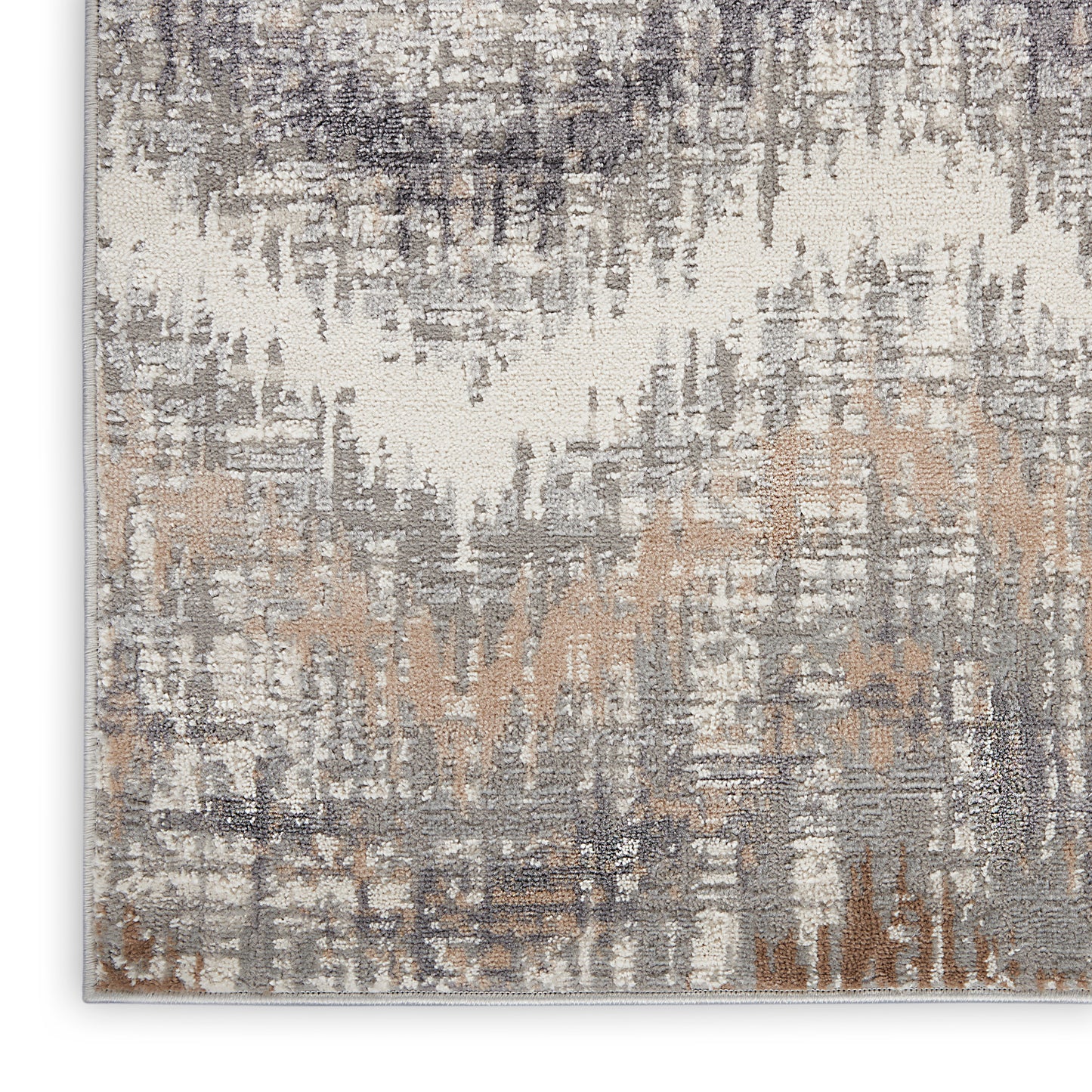 Abstract distressed area rug in gray, cream, taupe and tan with subtle orange accents; rectangular, modern decor.