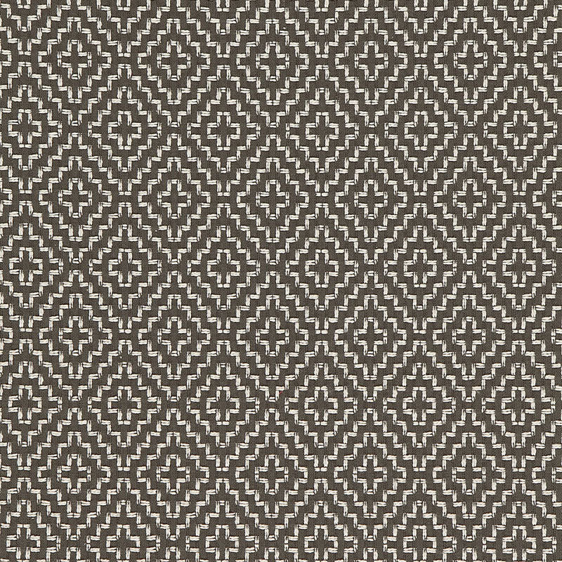 Charcoal brown and ivory geometric diamond lattice pattern fabric, woven textile suitable for upholstery or decor.