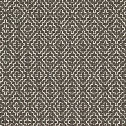 Charcoal brown and ivory geometric diamond lattice pattern fabric, woven textile suitable for upholstery or decor.