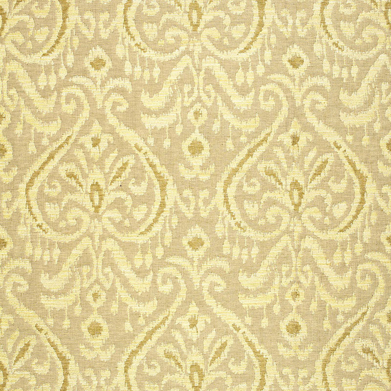 Gold and beige damask jacquard fabric with ornate scrolling pattern; elegant upholstery textile.