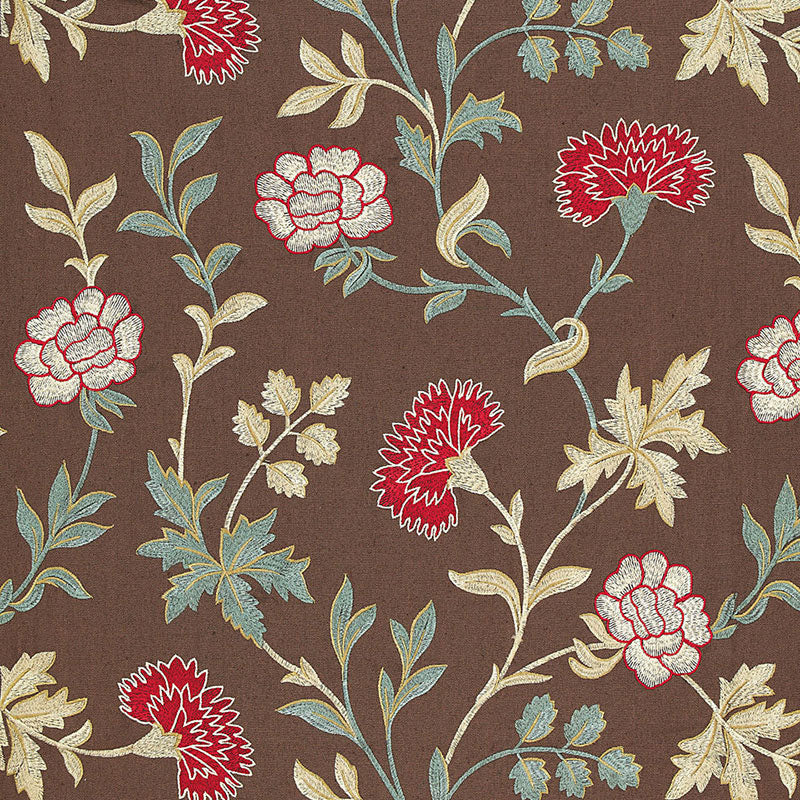 Brown fabric with red and cream flowers and blue-green leaves in a vintage damask floral pattern.