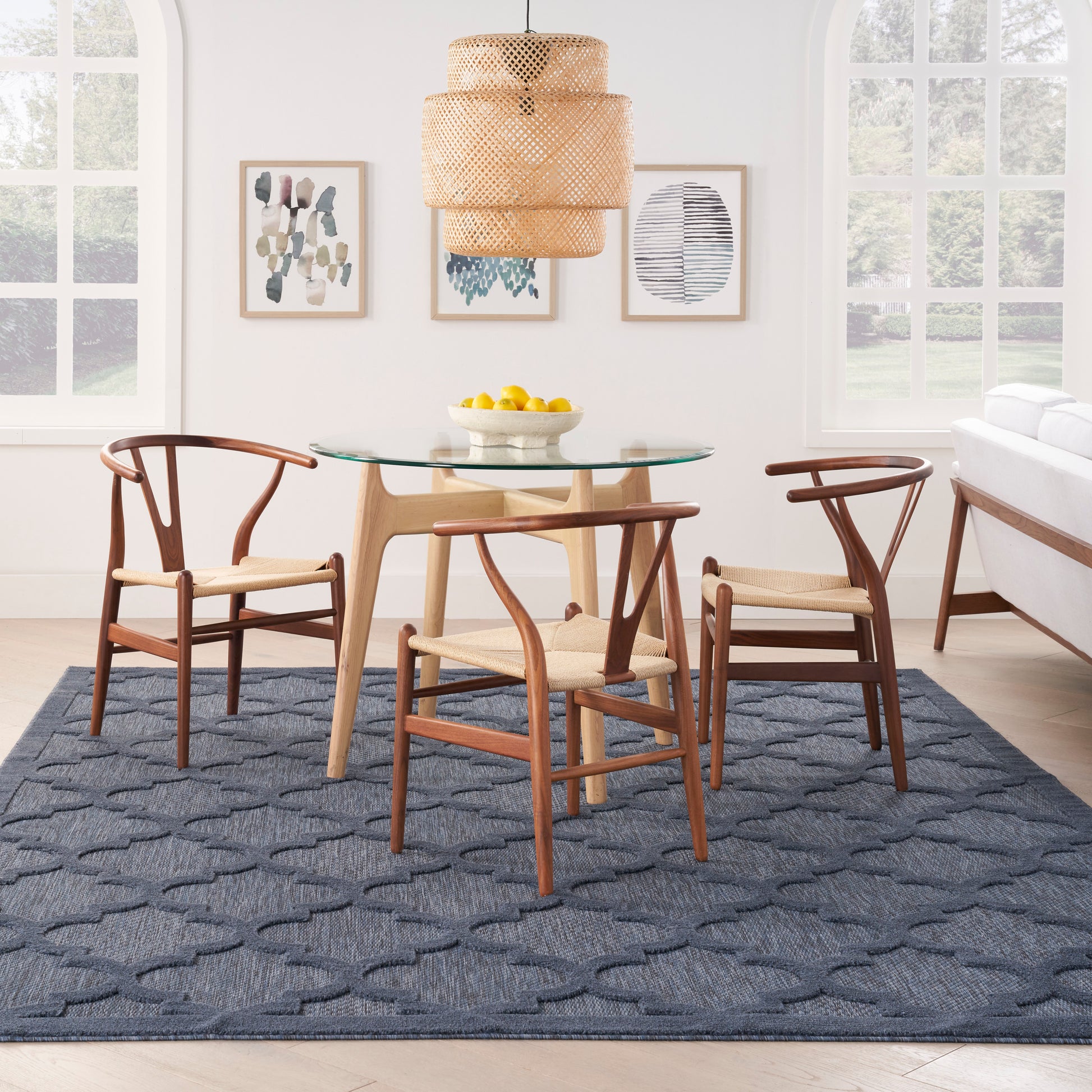 Blue rug on floor.