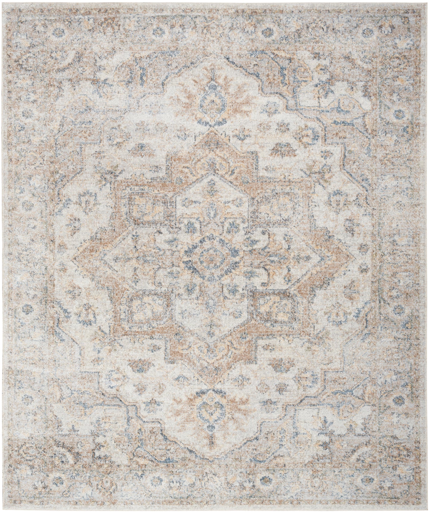 Neutral beige-gray Persian-style rug with faded blue medallion and ornate border.