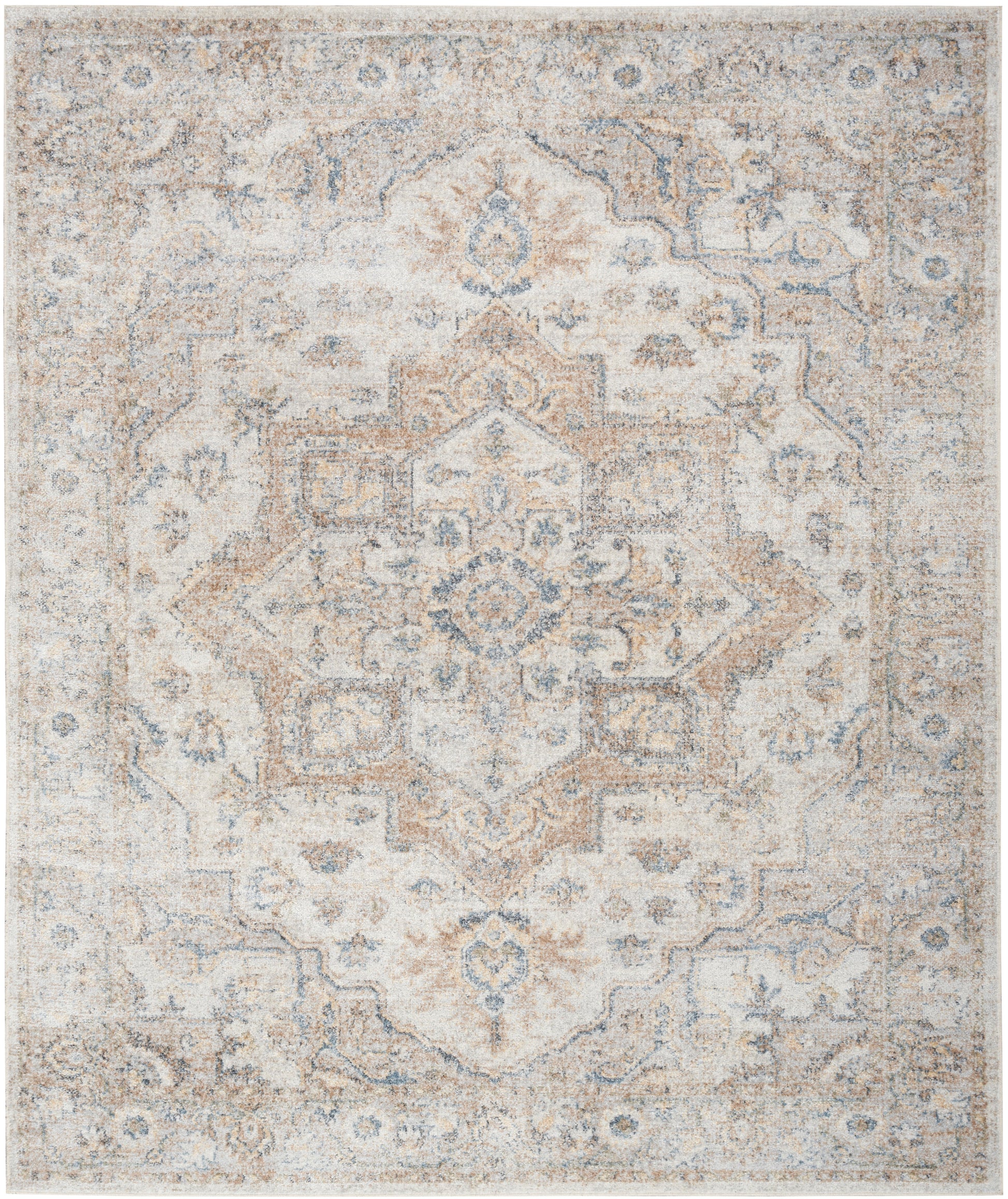 Neutral beige-gray Persian-style rug with faded blue medallion and ornate border.