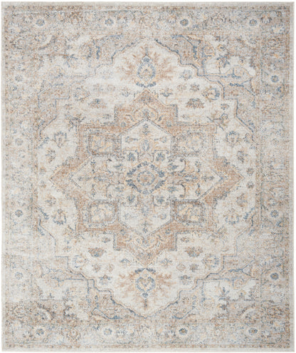 Neutral beige-gray Persian-style rug with faded blue medallion and ornate border.