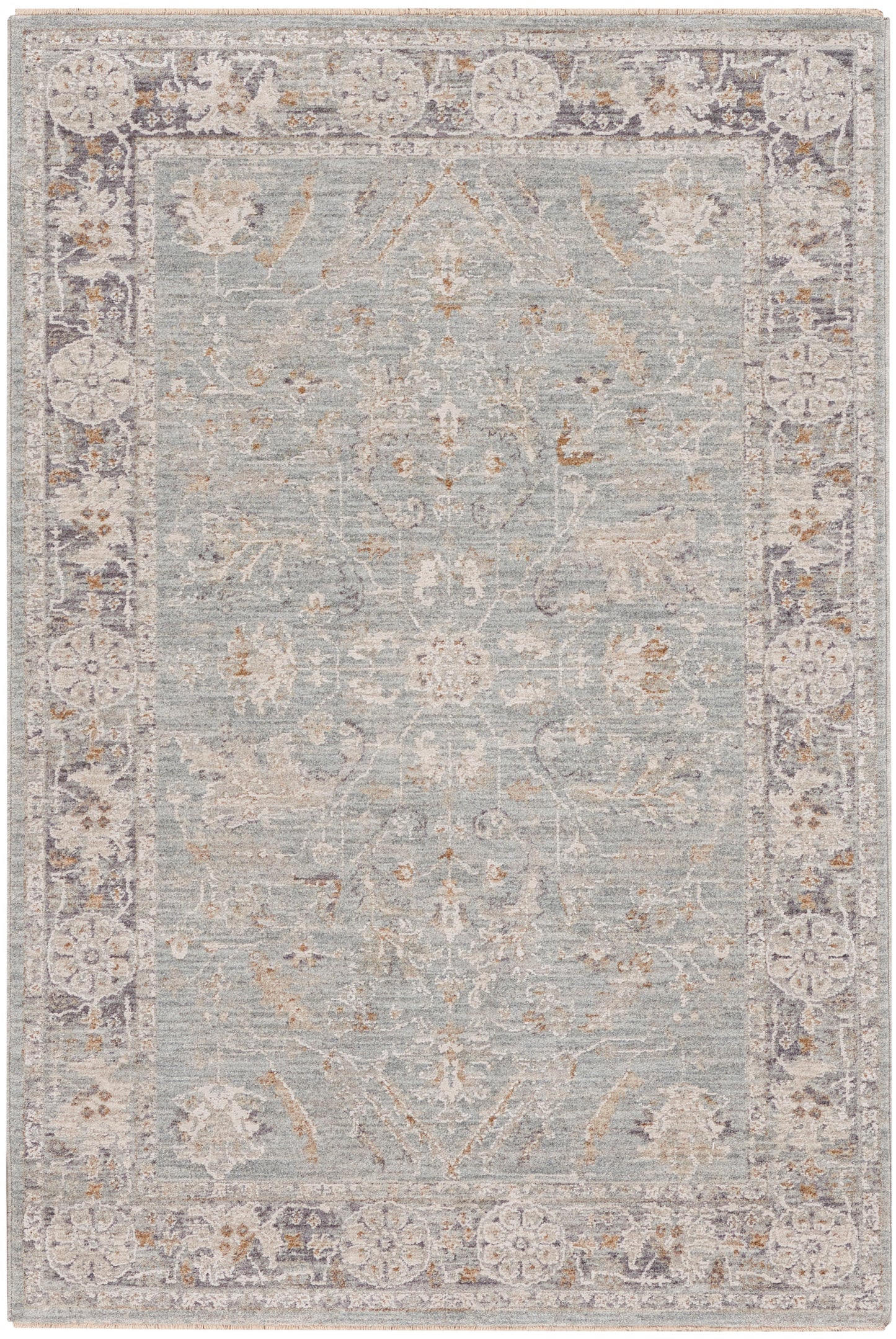 Rectangular distressed blue-gray oriental rug with ivory floral border and taupe highlights, versatile living room accent.