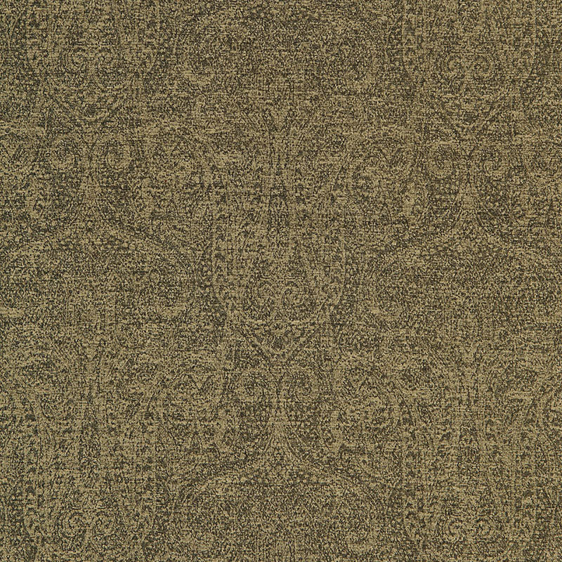 Olive-brown damask fabric with ornate floral motif and textured woven look; upholstery or drapery material.
