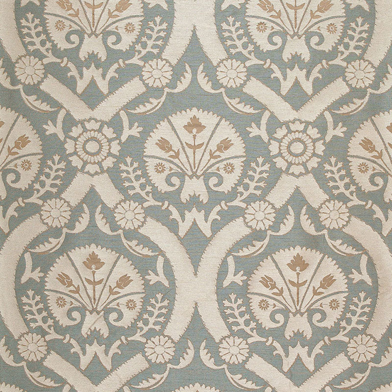 Damask wallpaper pattern with cream and pale blue, featuring floral medallions and scrolling vines.