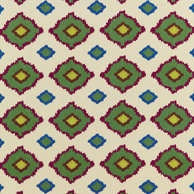 Beige blurred rectangle centered on a vibrant diamond-pattern wallpaper.