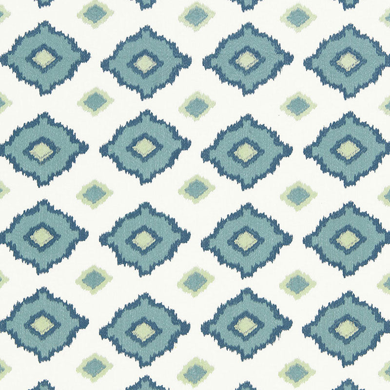 Light blue frosted glass panel, rectangular; translucent, smooth finish, for decor, against blue-green ikat backdrop.