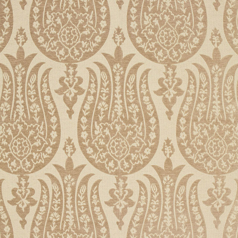 Beige damask pattern with taupe floral tulip motifs; elegant vintage wallpaper or upholstery fabric
