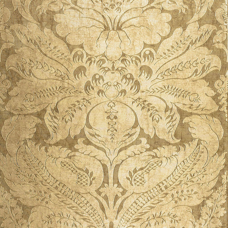 Beige damask wallpaper with ornate symmetrical floral motifs and scrolling vines.
