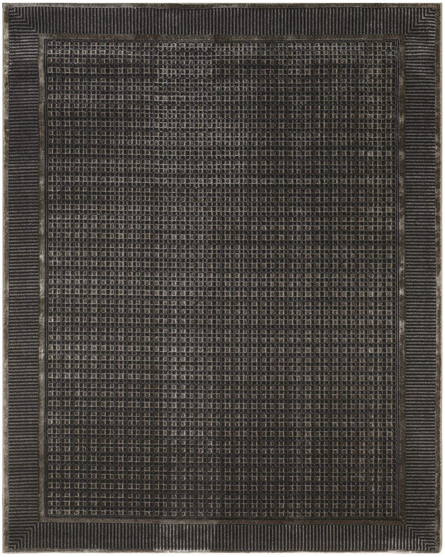 Rectangular dark charcoal rug with tan grid pattern and chunky ribbed border; modern geometric, woven texture.