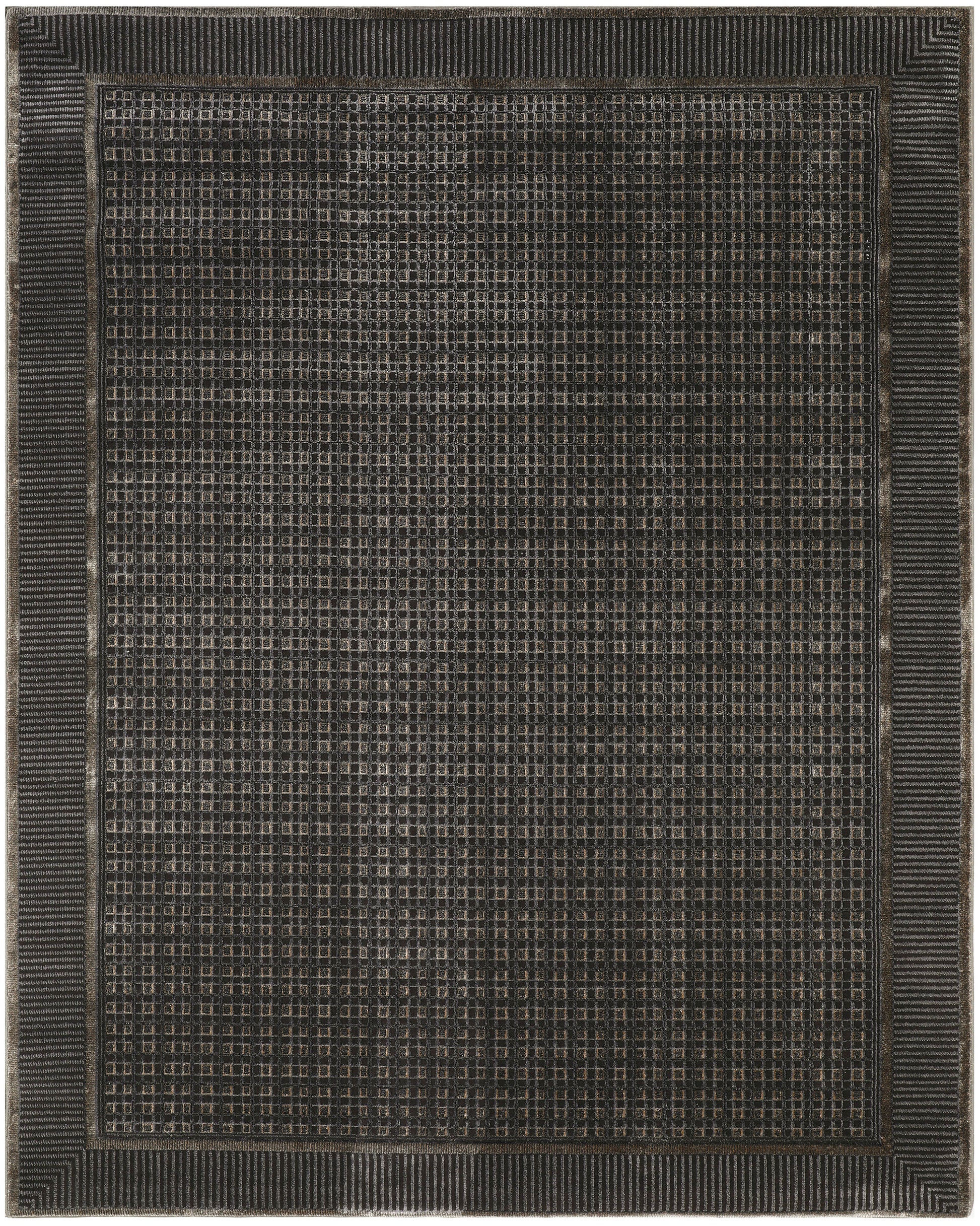 Rectangular dark charcoal rug with tan grid pattern and chunky ribbed border; modern geometric, woven texture.
