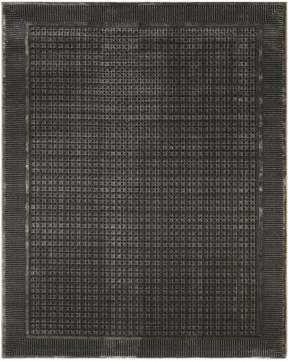 Rectangular dark charcoal rug with tan grid pattern and chunky ribbed border; modern geometric, woven texture.