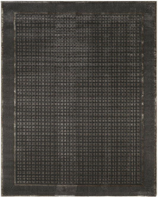 Rectangular dark charcoal rug with tan grid pattern and chunky ribbed border; modern geometric, woven texture.