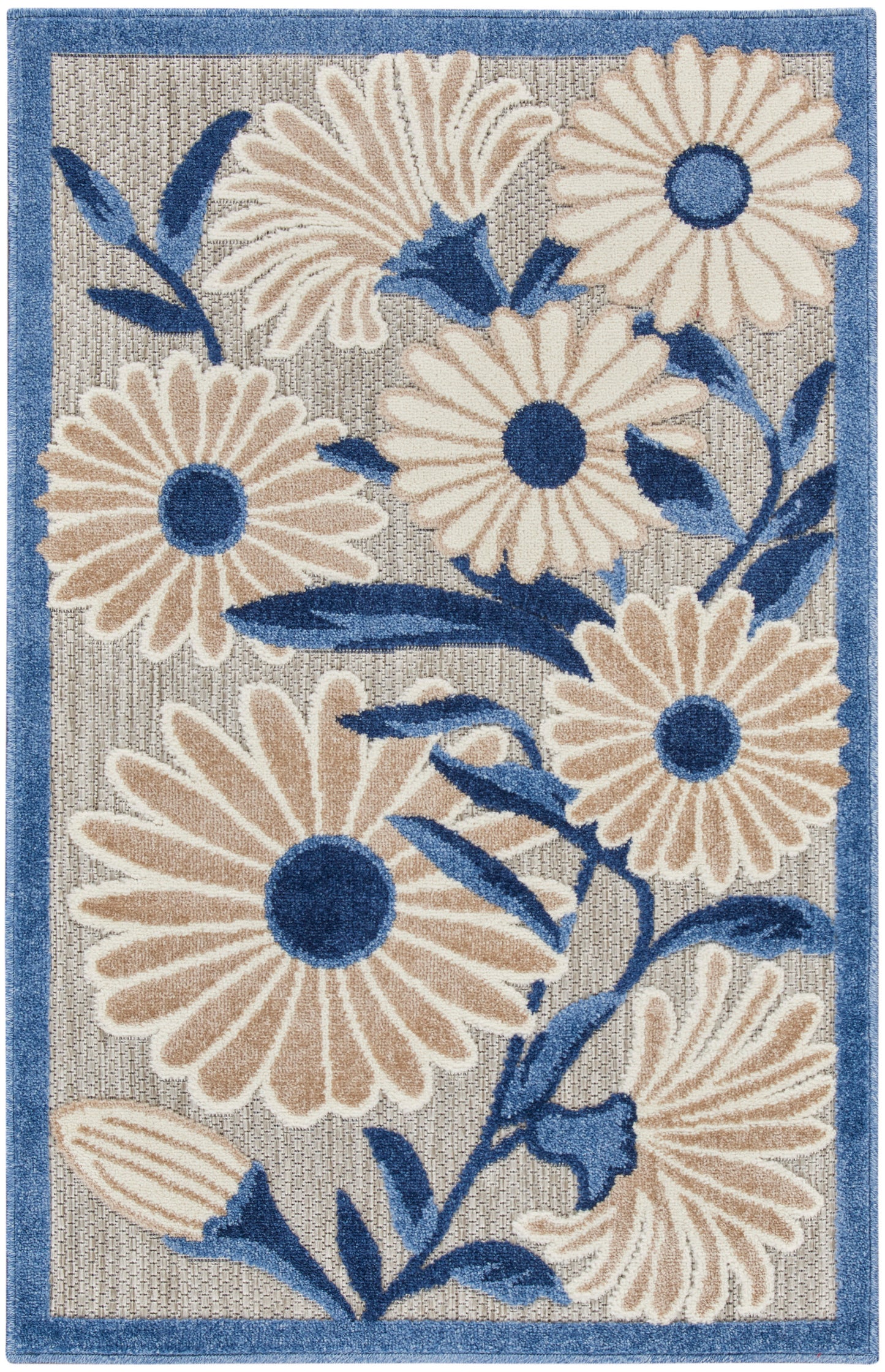 Rectangular woven rug with cream daisies, blue centers & leaves on gray background, blue border.