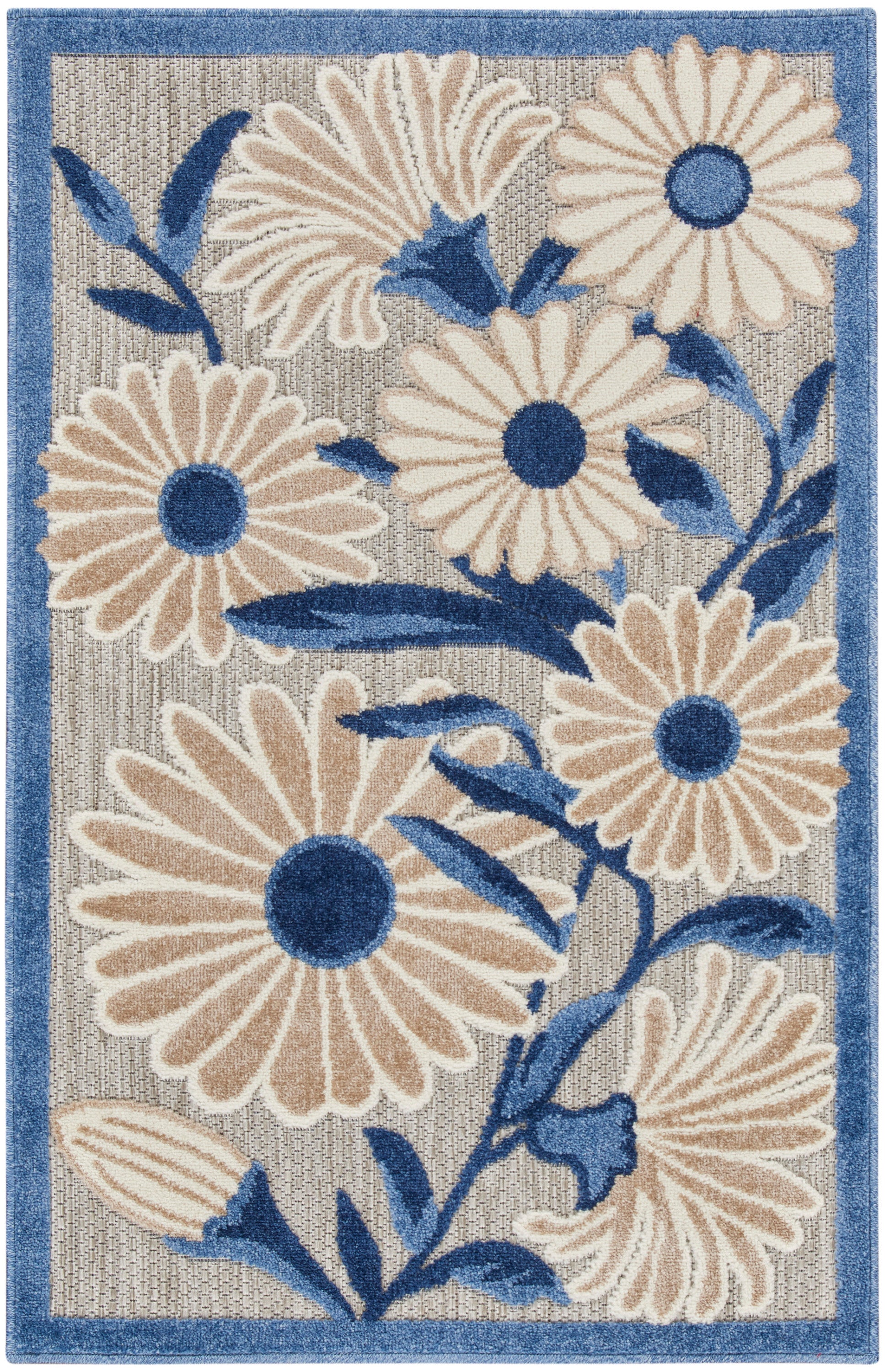 Rectangular woven rug with cream daisies, blue centers & leaves on gray background, blue border.