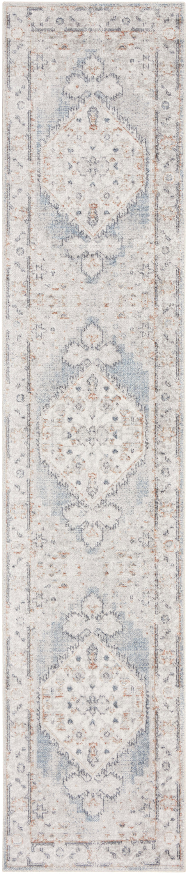 Long ivory 10' runner rug with pale blue-gray ornate medallions & an intricate border, Persian-inspired design.