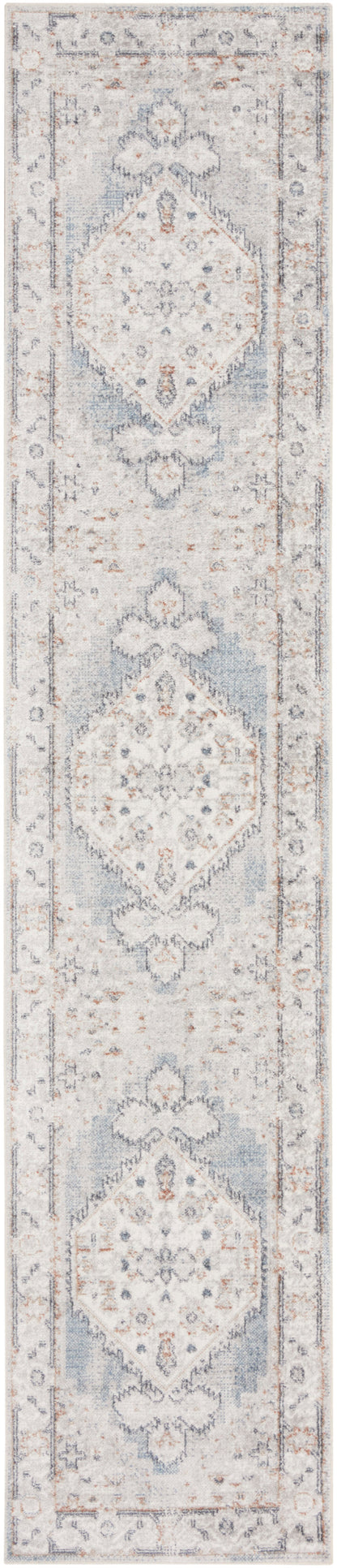 Long ivory 10' runner rug with pale blue-gray ornate medallions & an intricate border, Persian-inspired design.