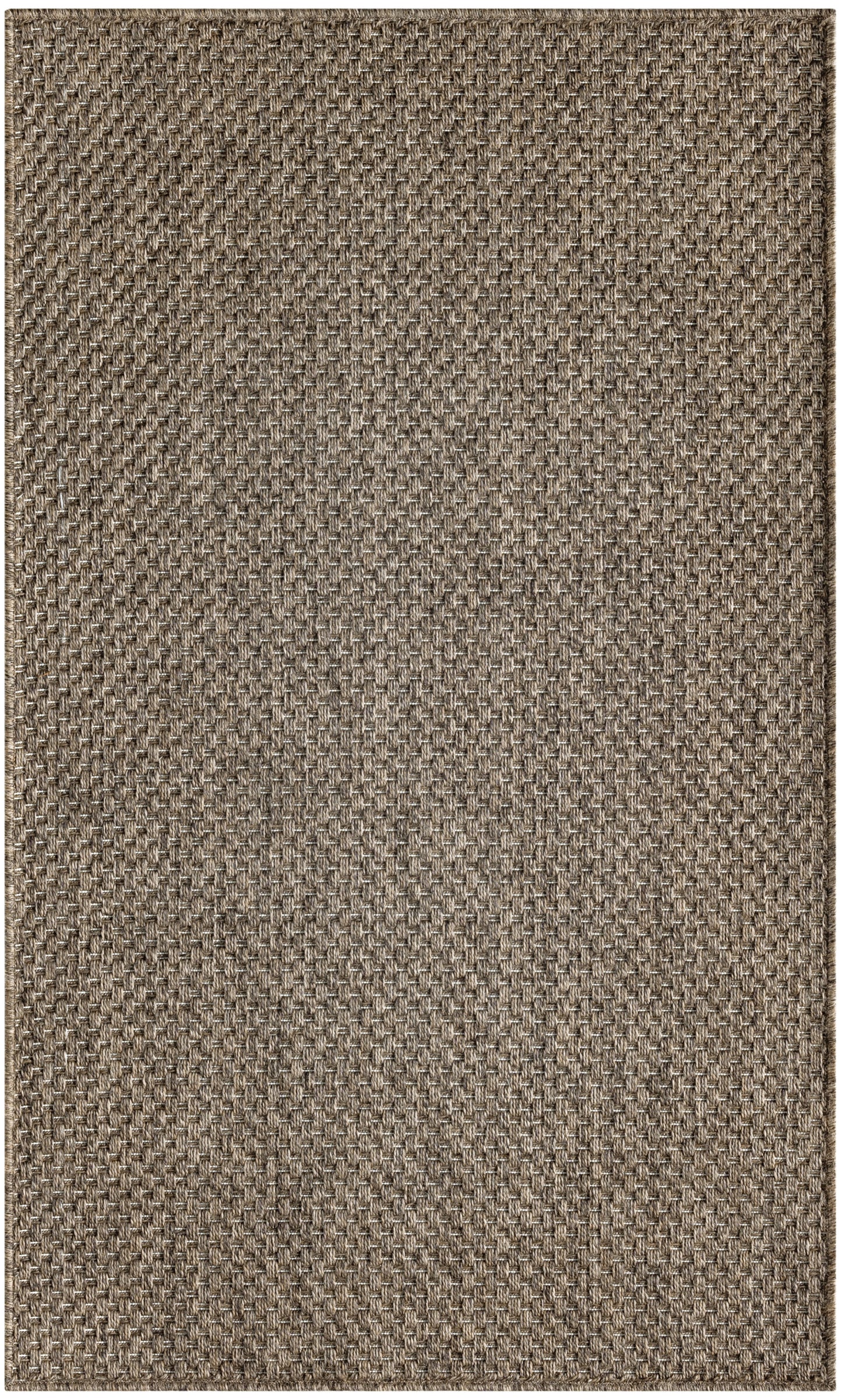 Brown woven rug with tight basket-weave texture, natural jute/sisal look, rectangular.