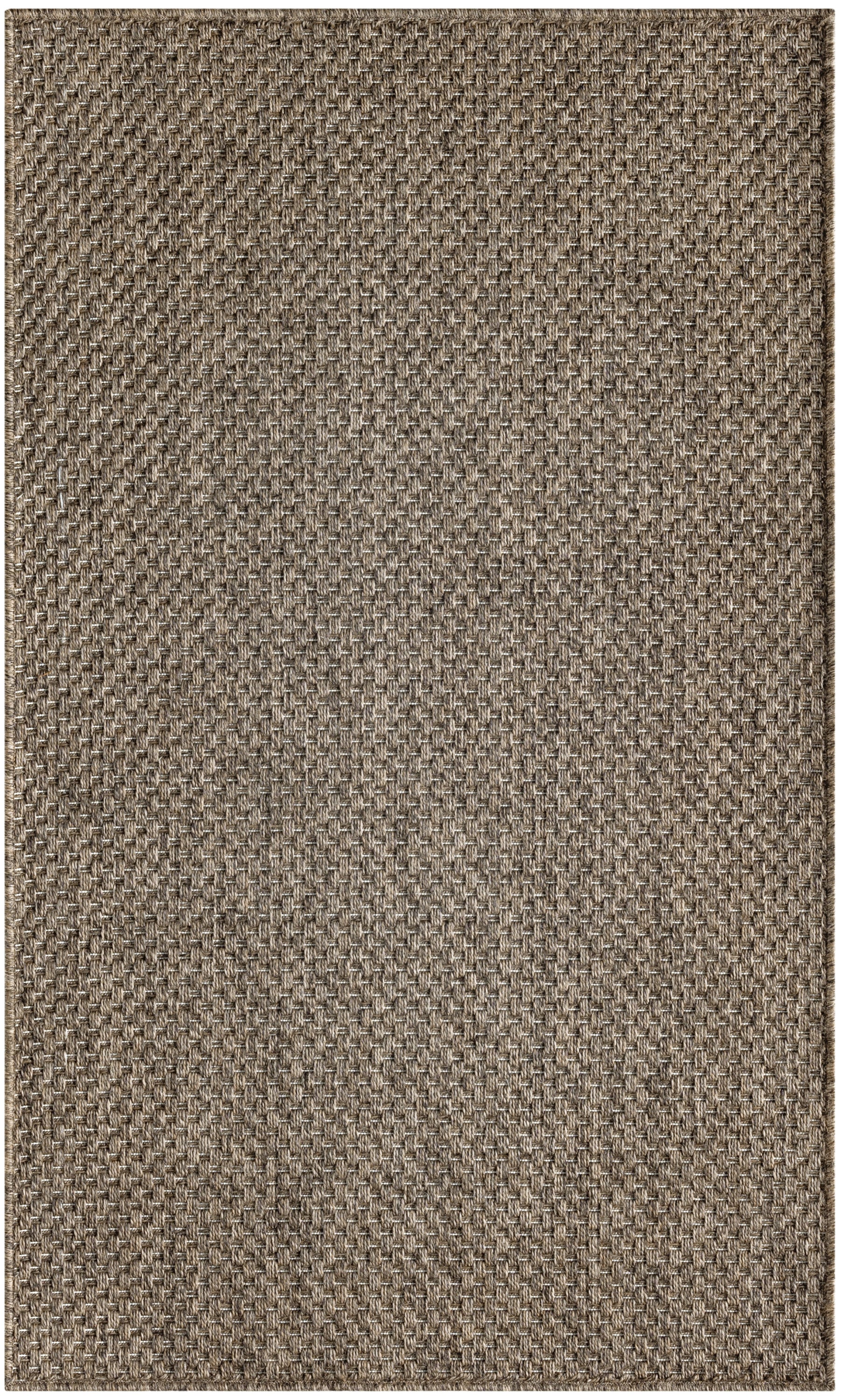 Brown woven rug with tight basket-weave texture, natural jute/sisal look, rectangular.