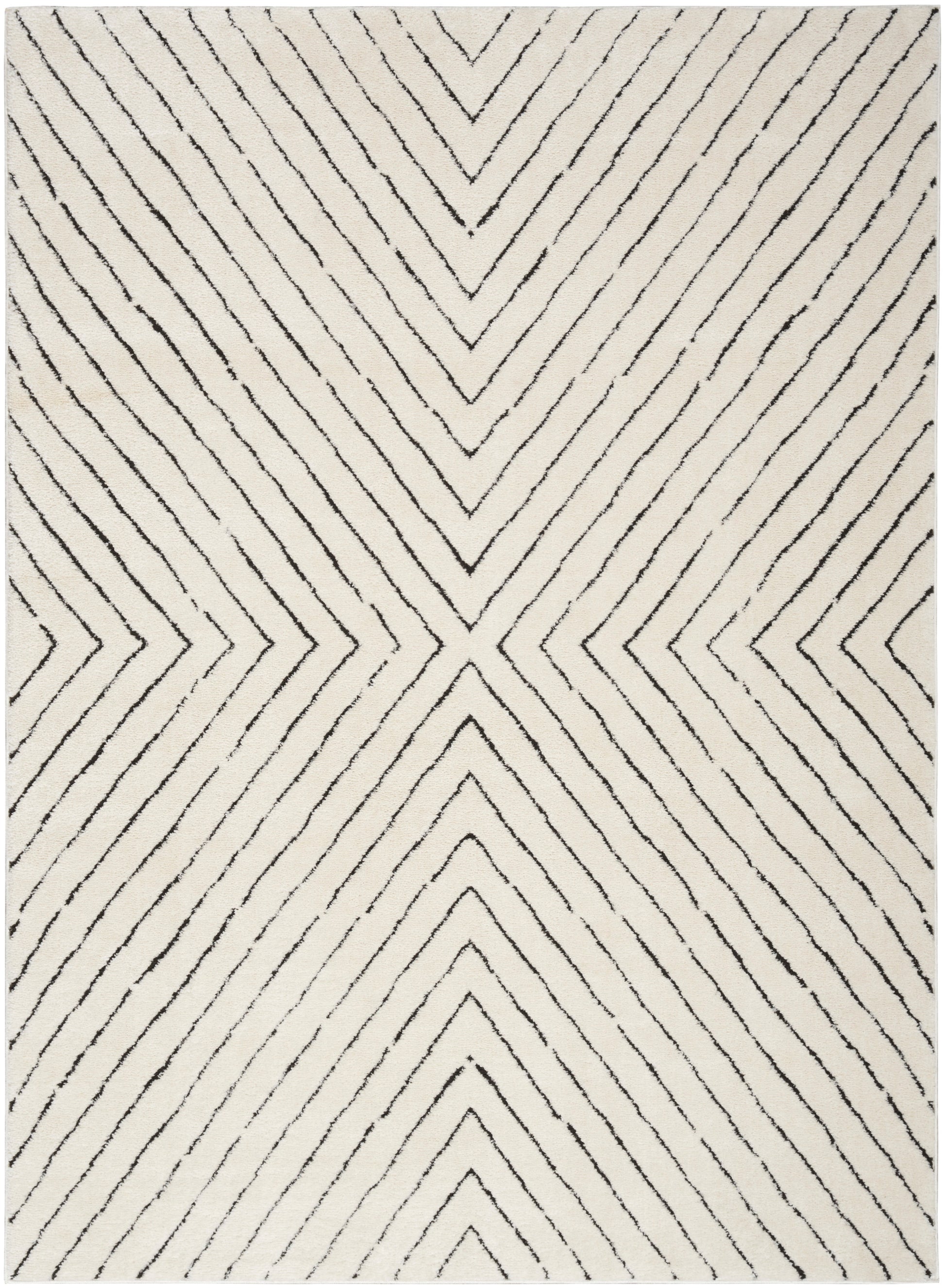 Cream area rug with black chevron lines forming a bold geometric diamond pattern; modern woven style.
